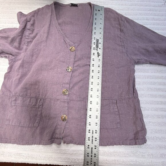 Clio Women's Button Down V-Neck Linen Casual Top Purple Long Sleeve Lightweight - Picture 7 of 8